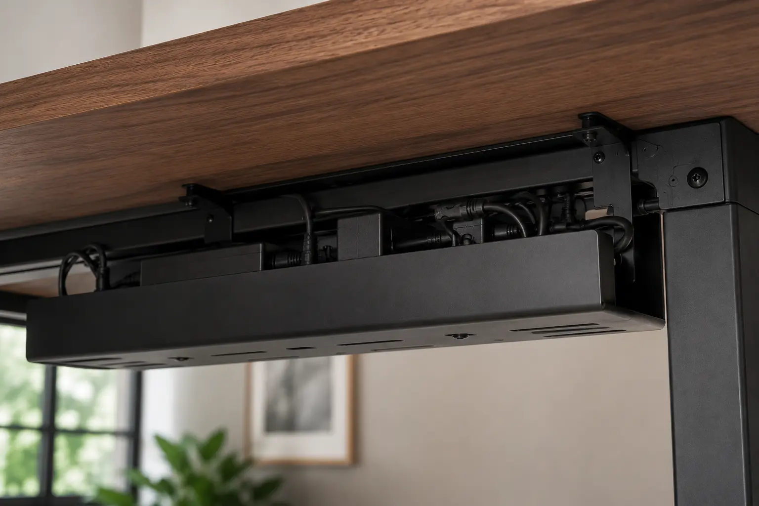 Clean under desk cable management tray attached to an Uplift V2 workspace setup