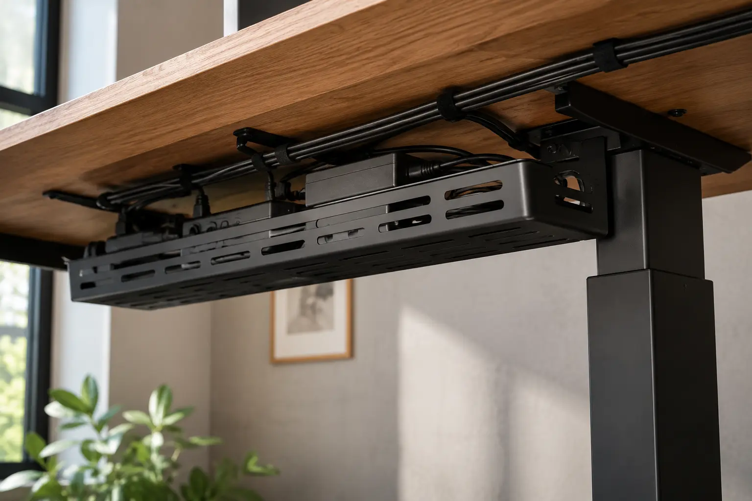 Clean under desk cable management tray holding power strips and wires hidden flawlessly