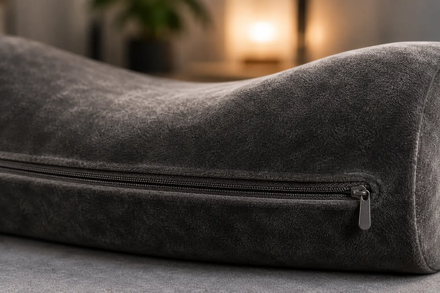 Close up look on the soft premium velvet fabric cover of ErgoFoam adjustable footrest cushion