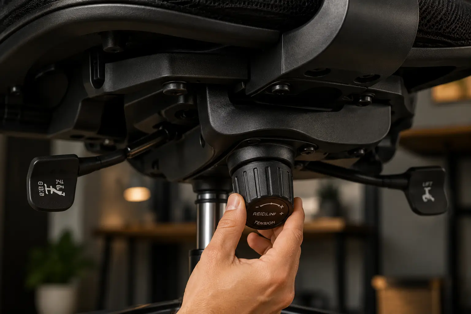 Close up on a user adjusting the tension control knob of an ergonomic task chair for lower back brace