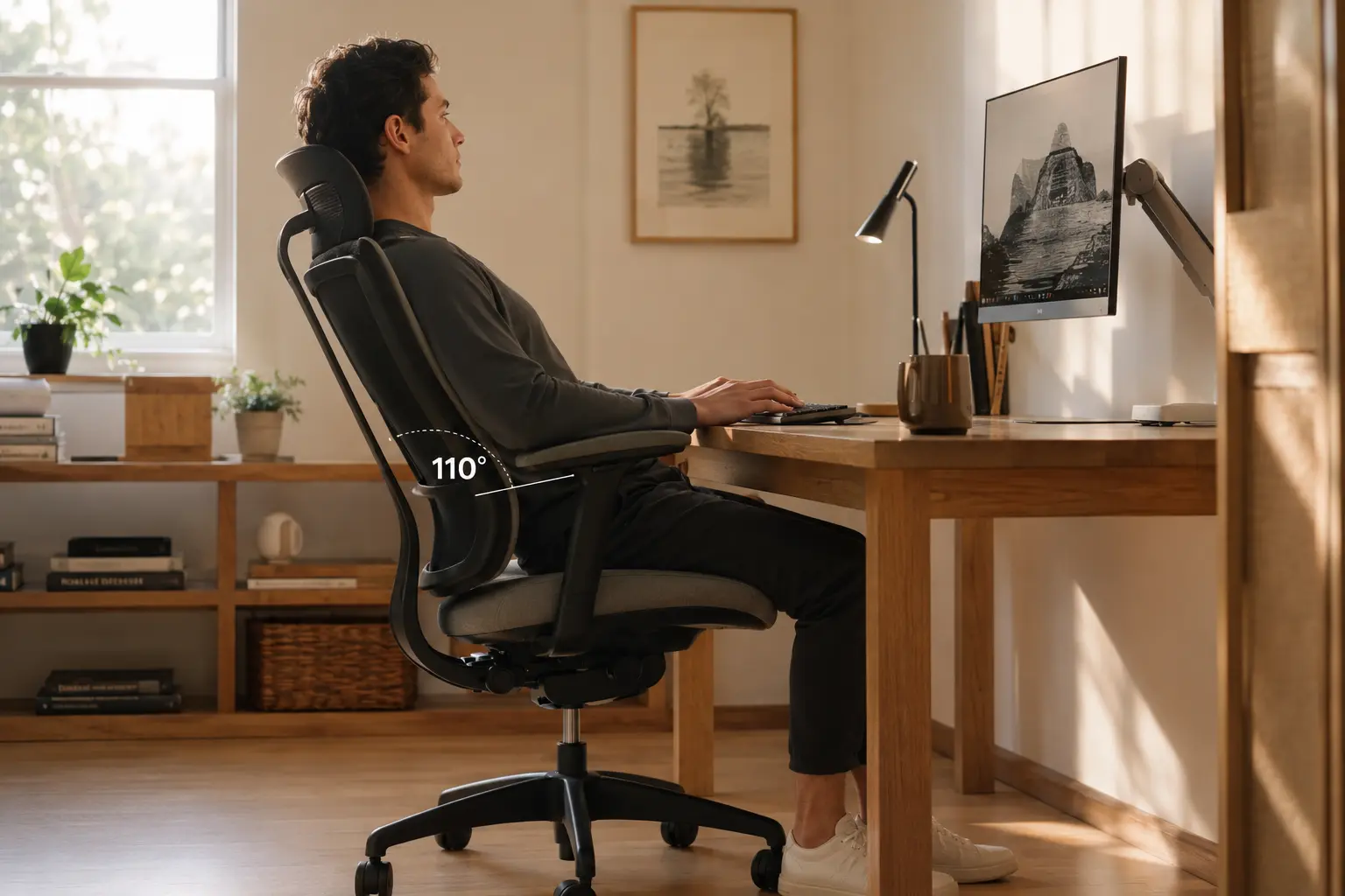 Correct biomechanical sitting posture for lower back pain relief showing tilted pelvis