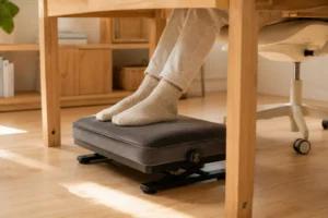 Cozy petite workspace showing short feet resting on a premium velvet ergonomic under desk footrest