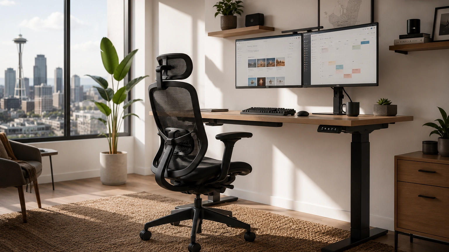 Premium ergonomic office chair standing desk setup