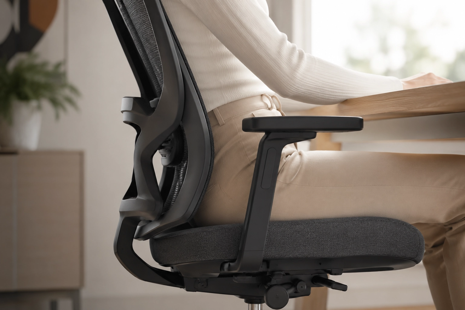 Ergonomic sitting positions demonstrating perfect pelvic tilt and tailbone flush alignment