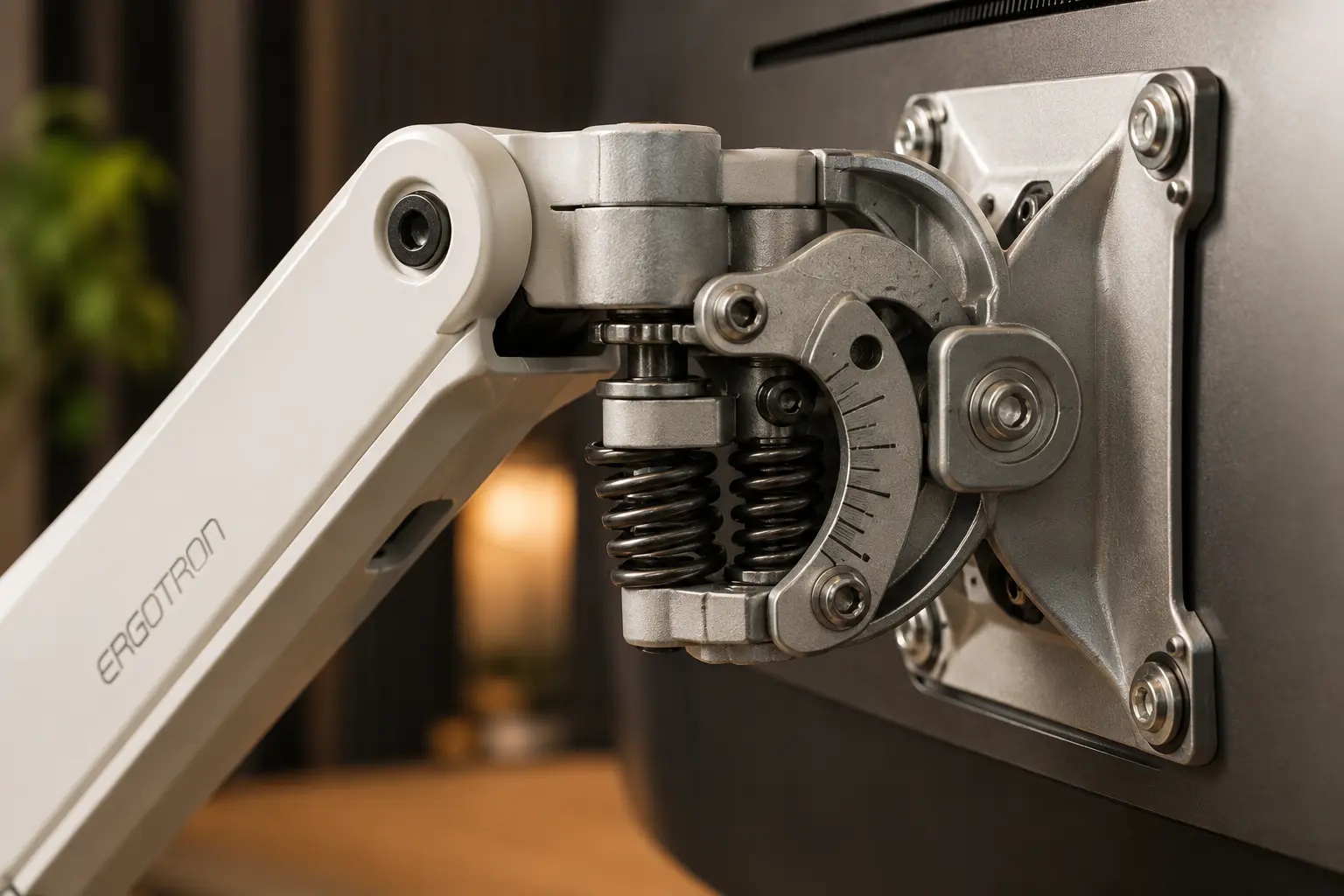Ergotron HX heavy duty tilt pivot mechanism holding a heavy curved screen securely close up