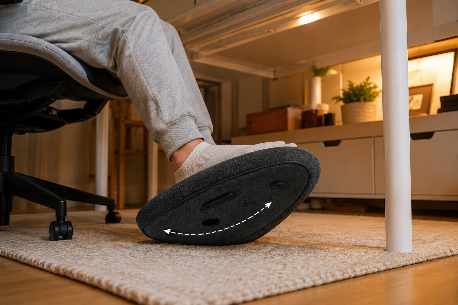 Everlasting comfort teardrop pillow flipped upside down showing ankle rocking motion under desk