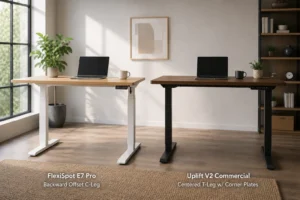 FlexiSpot E7 Pro and Uplift V2 electric standing desks compared side by side in studio