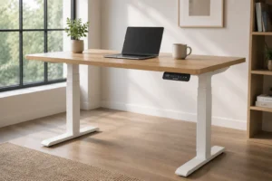 FlexiSpot E7 Pro electric standing desk in a bright minimalist home office setup