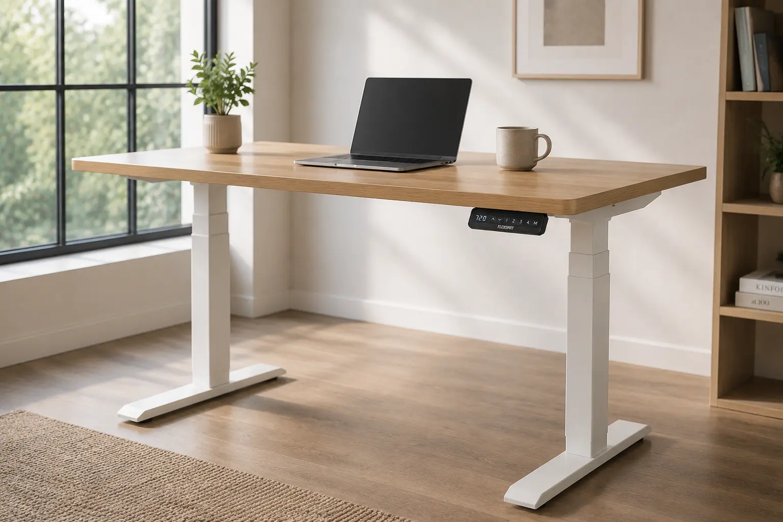 FlexiSpot E7 Pro electric standing desk in a bright minimalist home office setup