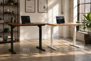 Fully Jarvis and Uplift V2 standing desks compared side by side in a modern home office studio
