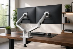 Heavy duty dual monitor arm holding two large premium displays over an ergonomic standing desk