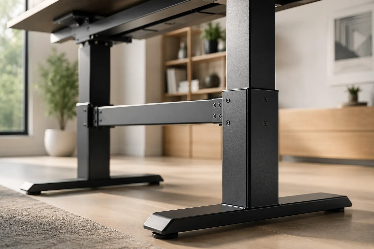 Heavy duty steel frame crossbar reinforcement of a premium standing desk