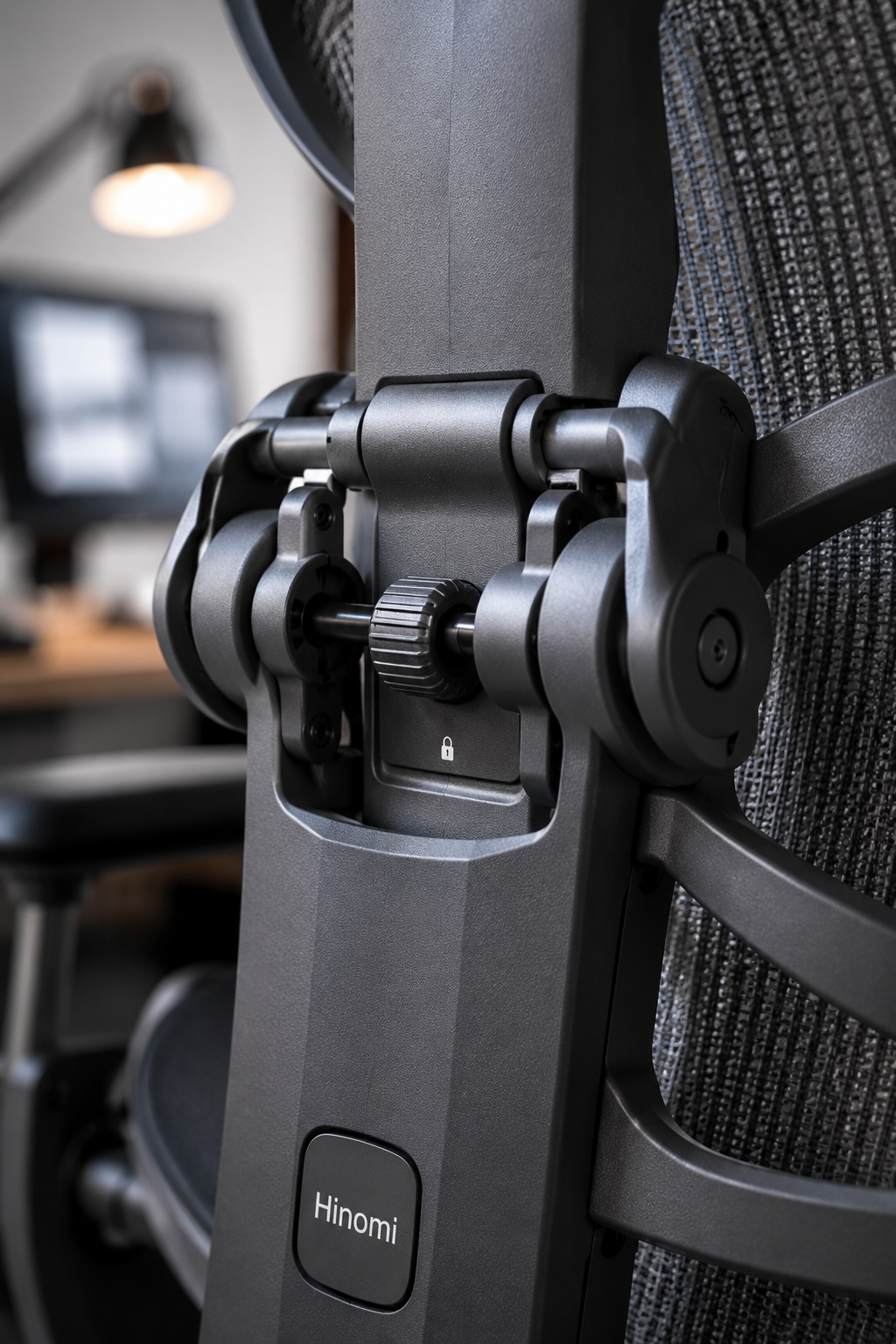 Hinomi H1 Pro folding backrest hinge mechanism detailed close up