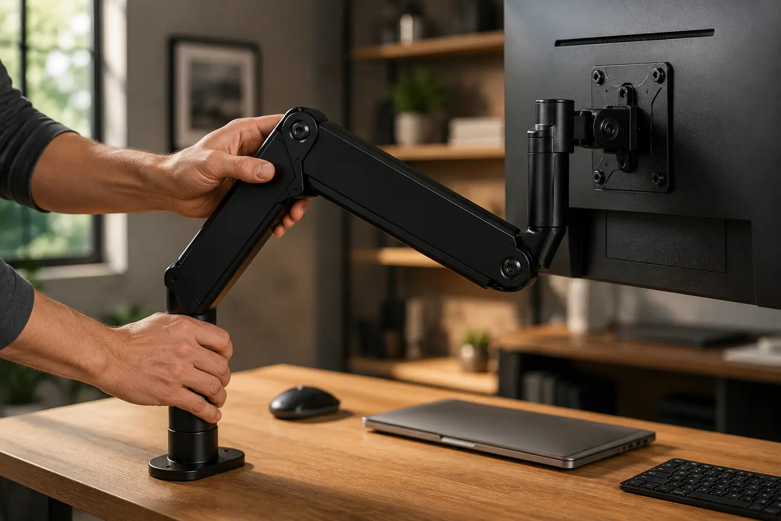 Man adjusting an articulating gas spring monitor arm mount to set the screen height over a modern desk mat