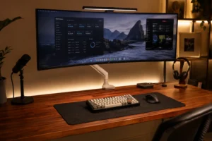 Massive 49 inch curved ultrawide monitor floating perfectly on a premium white heavy duty monitor arm