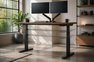 Premium dual motor electric standing desk adjusting height dynamically in a bright office