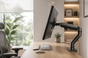 Proper ergonomic computer monitor height setup illustrating eye line alignment