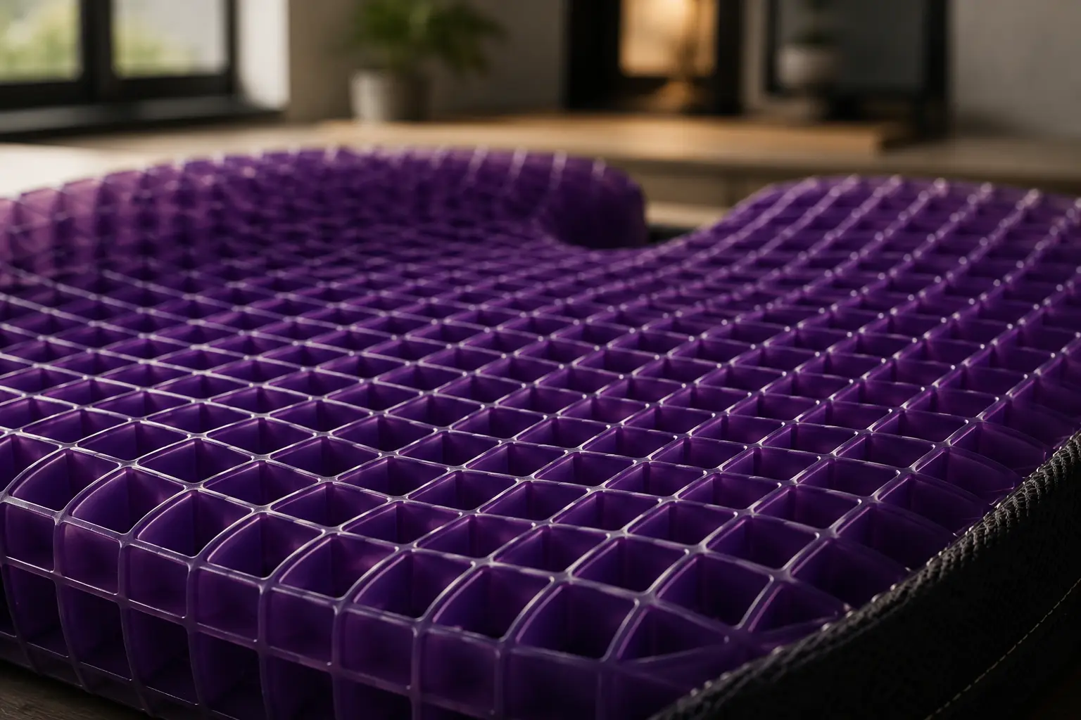 Purple hyper-elastic gel polymer seat cushion grid texture close up