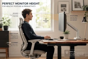 Side view diagram demonstrating proper ergonomic computer monitor height and tilt angle over a wooden desk