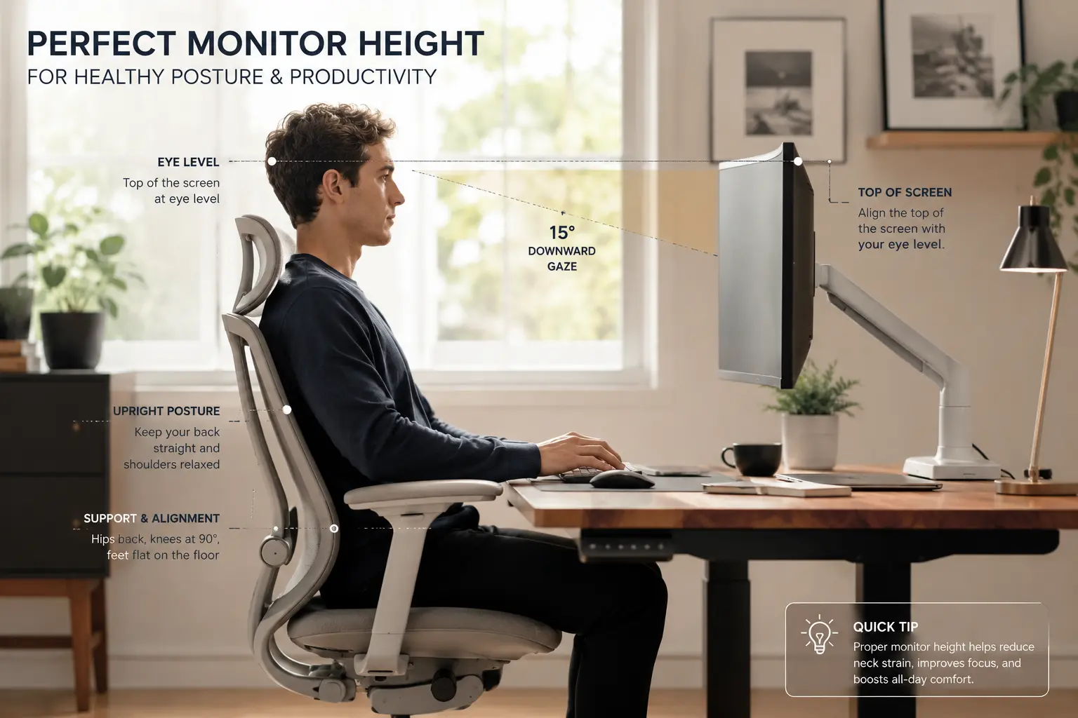 Side view diagram demonstrating proper ergonomic computer monitor height and tilt angle over a wooden desk