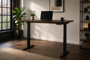 Uplift V2 electric standing desk with a premium solid wood desktop in a bright modern home workspace