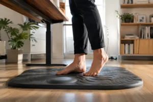 User standing barefoot on a contoured topographical anti fatigue standing desk mat