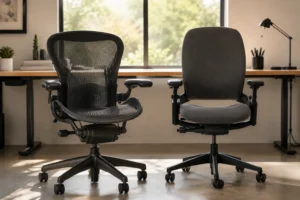 Side by side comparison of mesh backing and thick foam fabric office chair seating