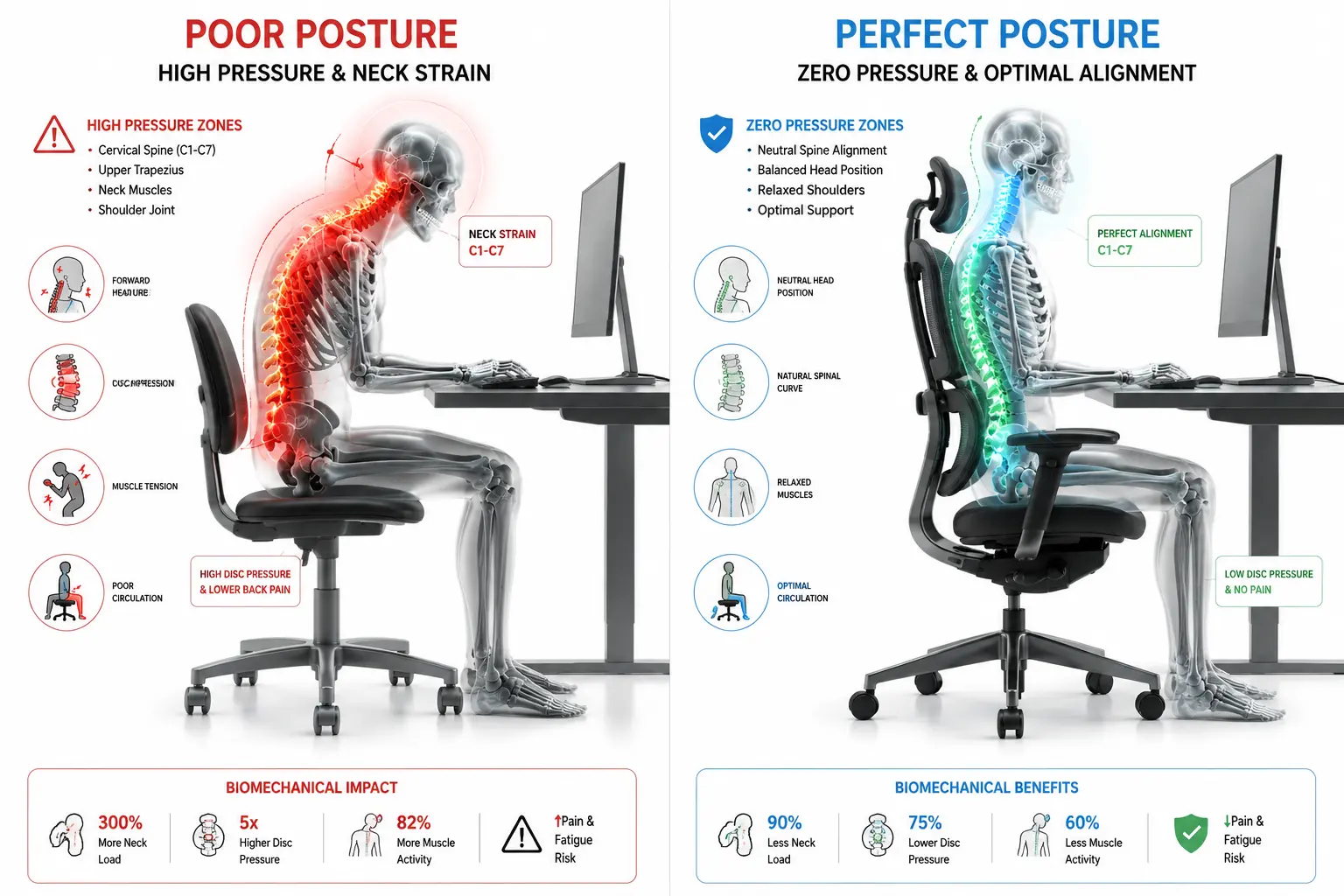 Cervical Spine Pressure Heatmap Simulation showing Forward Head Posture vs Fully Supported Alignment