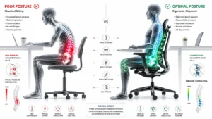 Biomechanical Infographic Comparing Lumbar Spine Disc Compression on Unsupportive Seating vs Ergonomic Lumbar Chair
