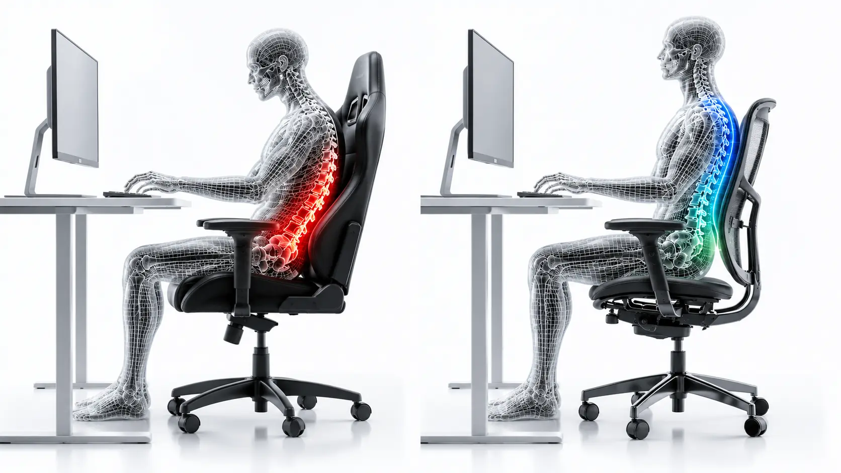 Biomechanical Infographic Comparing Spine Pressure Patterns on Bucket Racing Chair vs Ergonomic Mesh Seating