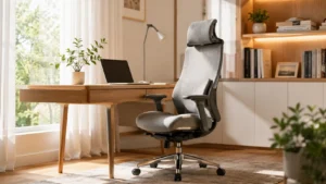 Cozy and Modern High-End Home Office Workspace Featuring Premium Ergonomic Desk Chair