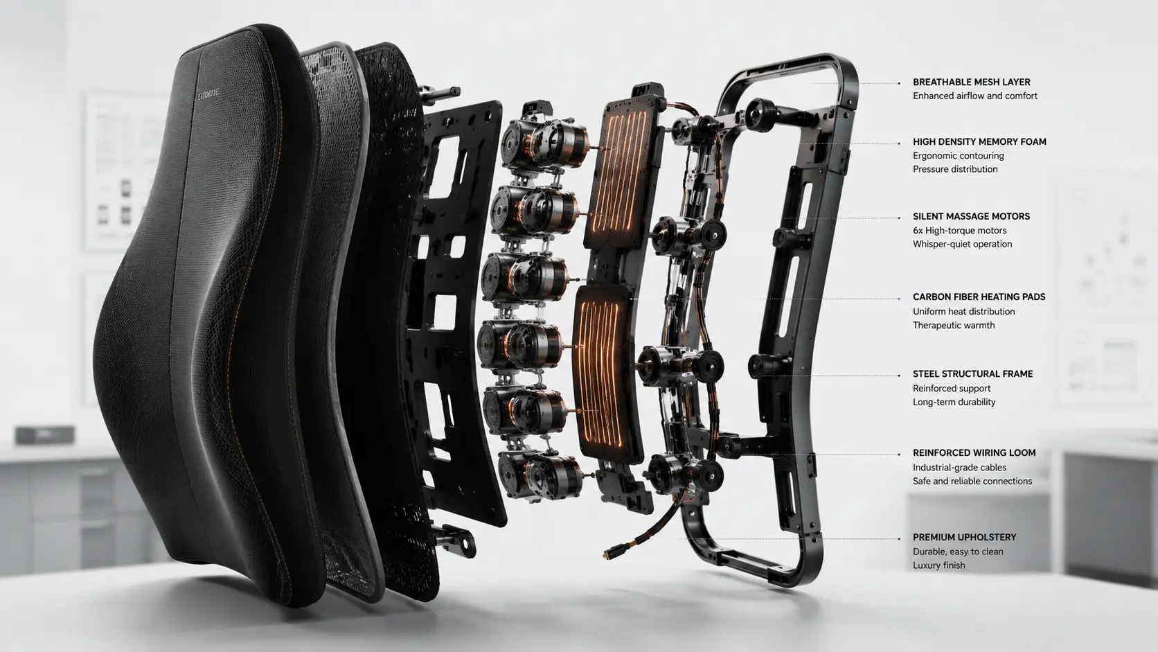 Exploded Engineering View of High-Shielded Internal Massage Motors and Certified Electrical Circuitry within Task Seating
