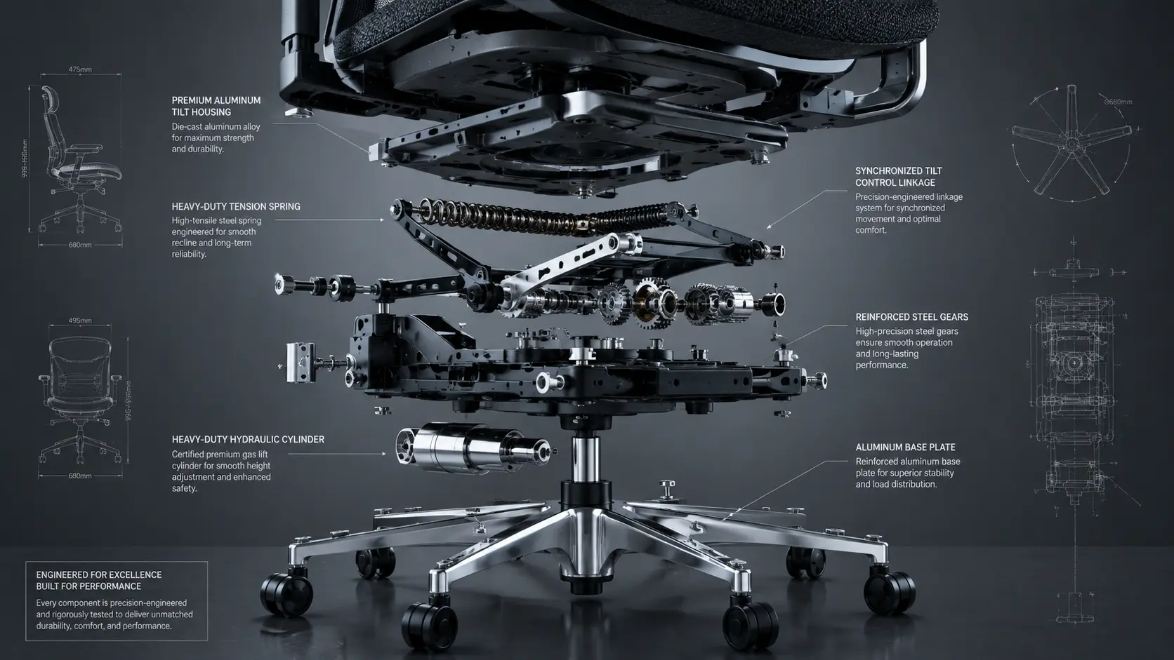 Exploded View Technical Diagram of Premium Office Chair Structural Gears