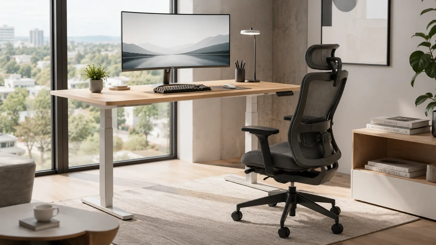 High-End Dual Motor Smart Standing Desk Paired with Premium Ergonomic Home Office Chair