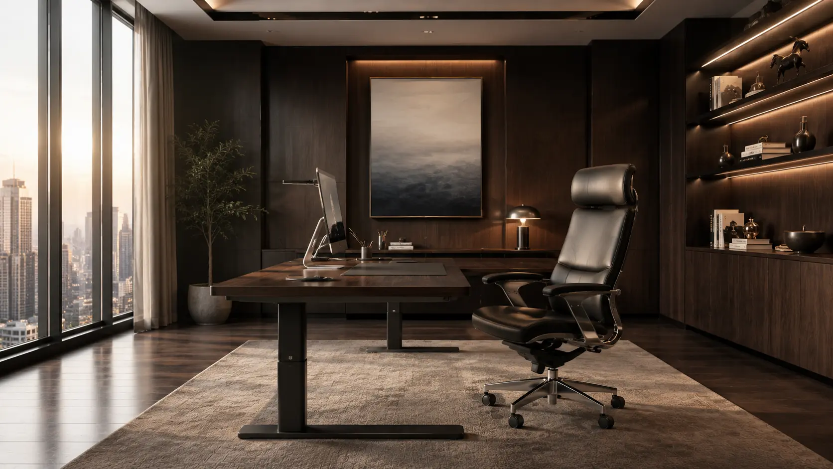 High-End Modern Executive Office Interior Combining Motorized Standing Desk and Ergonomic Leather Task Chair