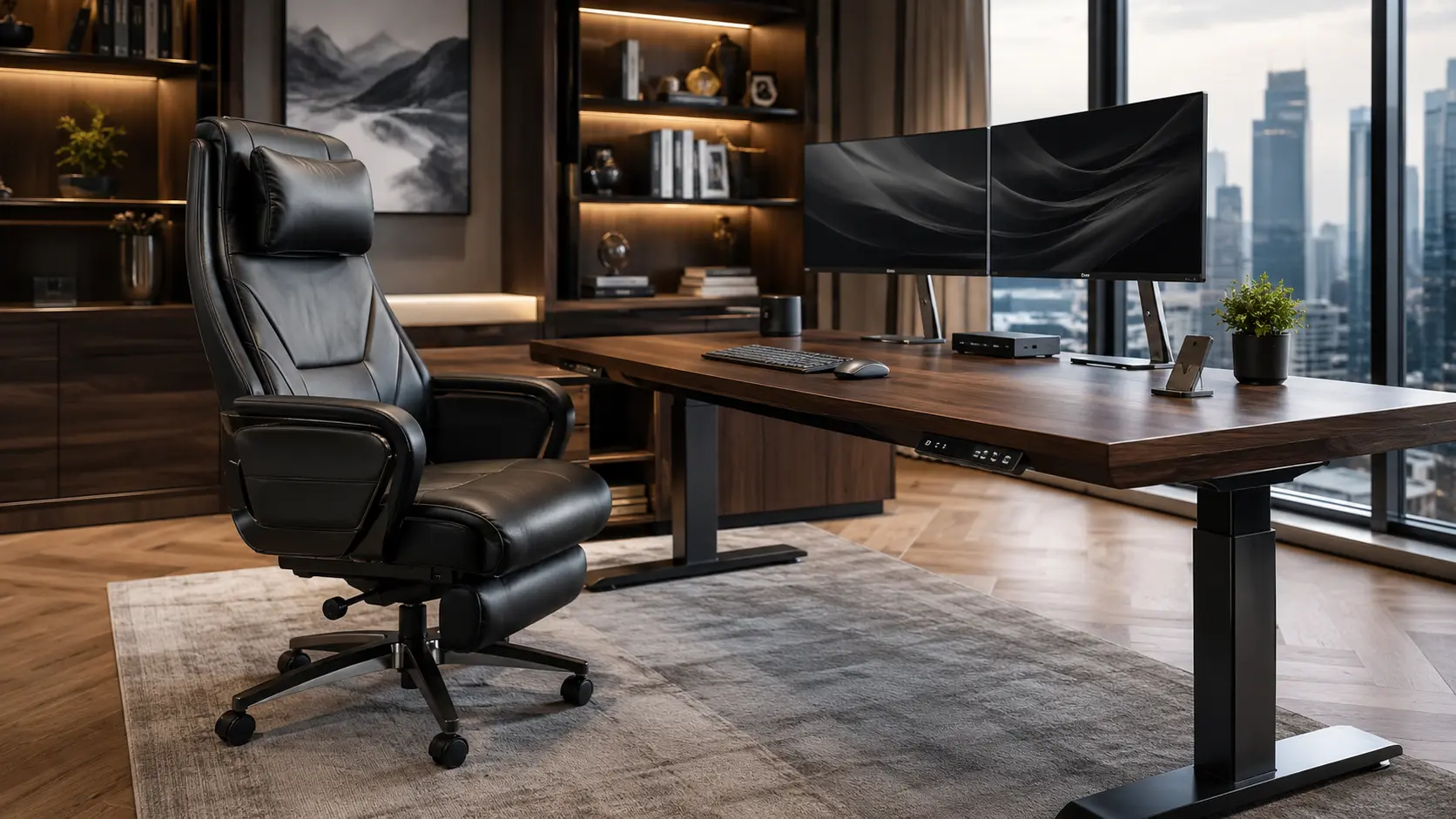 Luxury High-Comfort Executive Home Office Featuring Premium Leather Massage Chair and Walnut Standing Desk