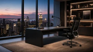 Luxury Modern Executive Corner Office Featuring High-End Ergonomic Task Chair and Polished Aluminum Frame Accents
