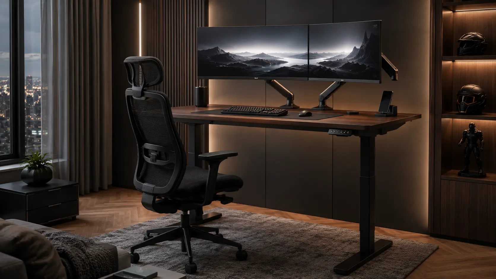 Luxury Modern Gaming Station Featuring High-Back Mesh Ergonomic Seating and Dual Monitor Electric Standing Desk