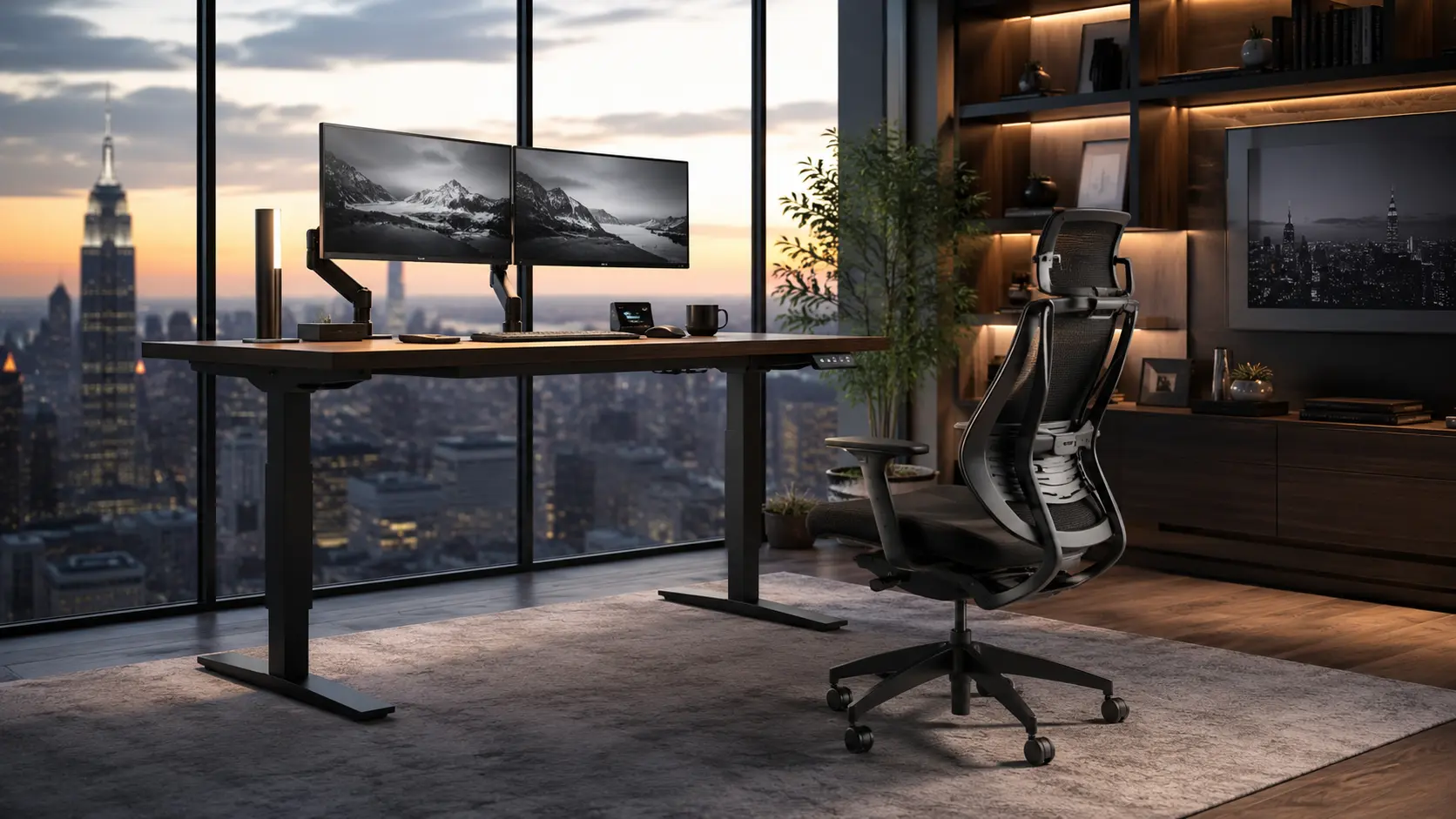 Luxury Modern Office Setup Featuring Premium Lumbar Support Chair and Dual Motor Standing Workstation
