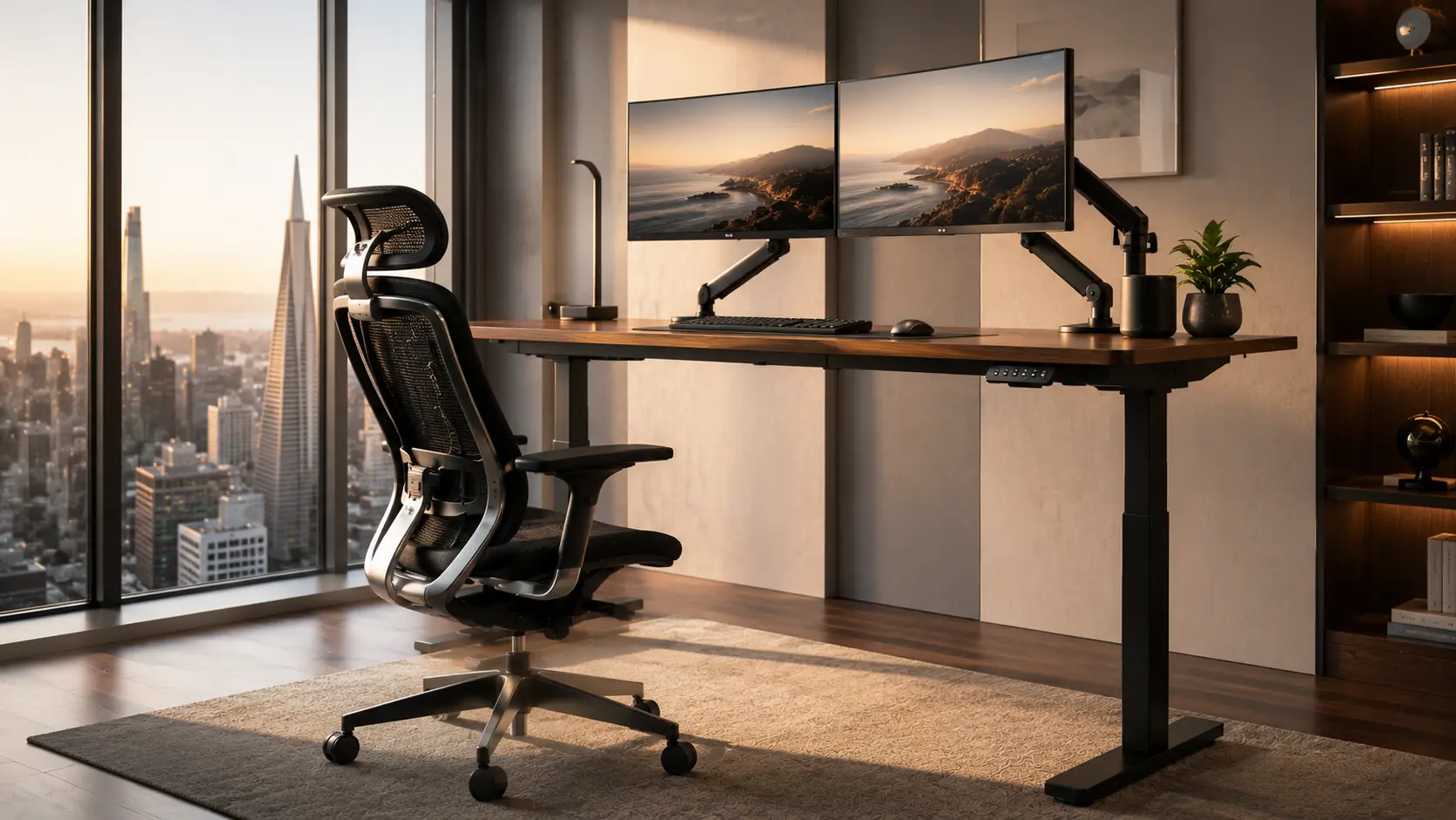 Luxury Modern Remote Workspace Featuring Advanced Mesh Posture Chair and Smart Electric Motor Standing Desk