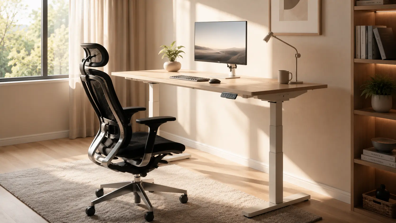 Luxury Scandinavian Minimalist Home Office Featuring Premium Mesh Posture Chair and Electric Motor Standing Desk