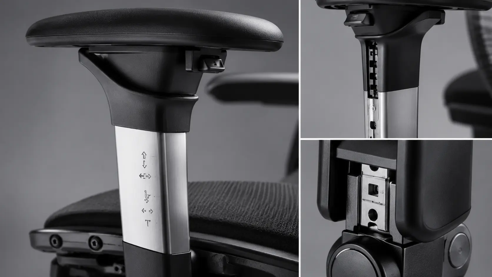 Macro Studio Photography of Premium 4D Armrest Engineering and Internal Steel Locking Mechanisms