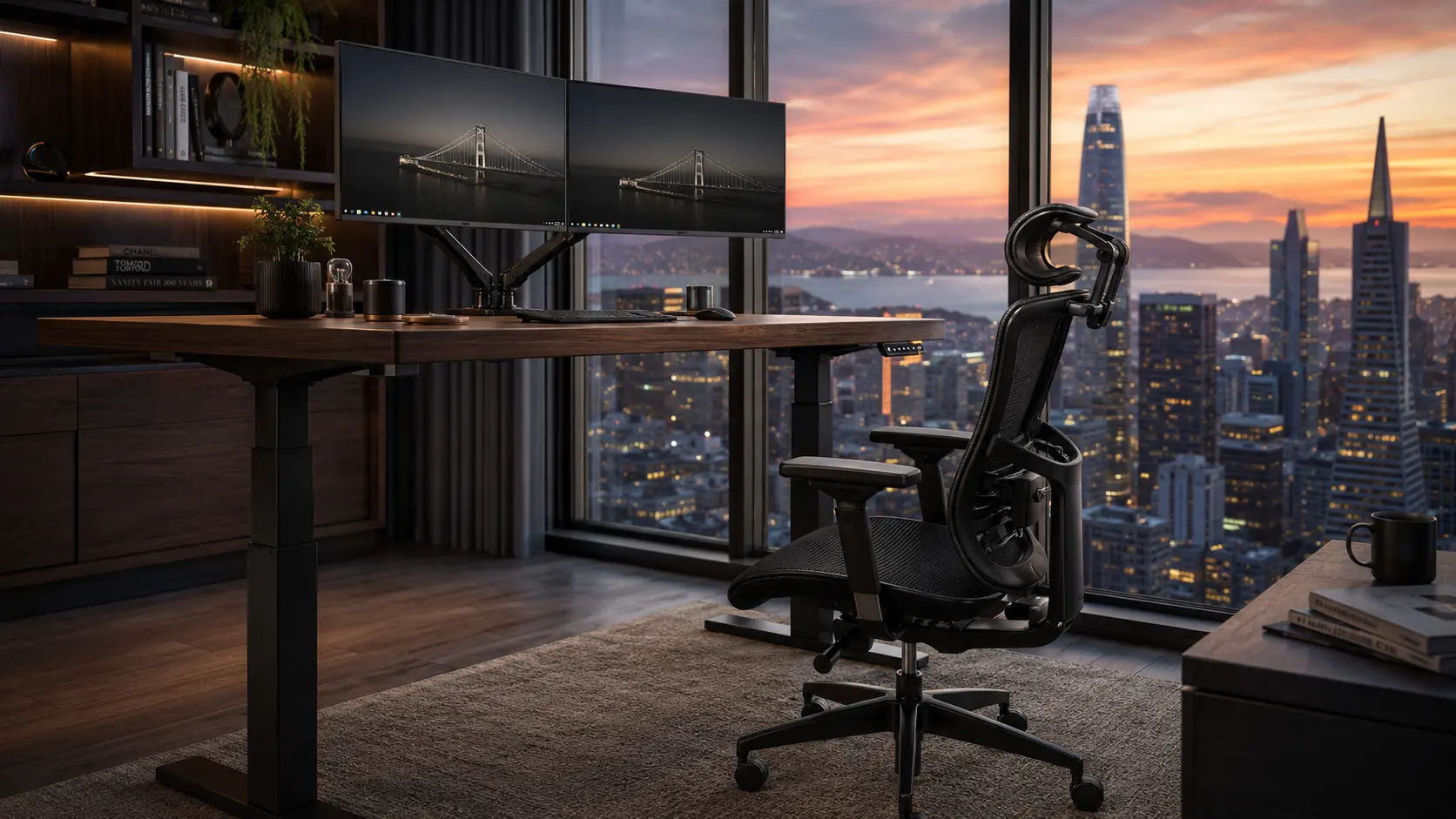Premium Luxury Home Office Setup with Ergonomic High-Back Chair and Electric Standing Desk