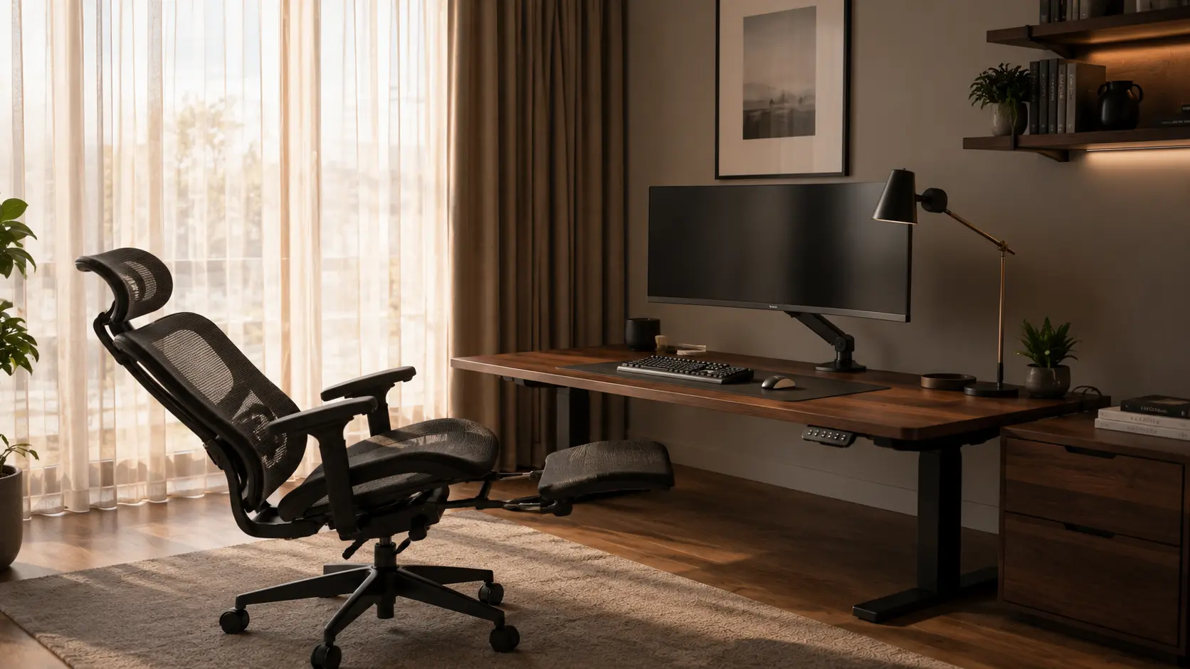 Premium Modern Office Penthouse Featuring High-Back Mesh Recline Chair with Extended Footrest and Solid Wood Standing Desk