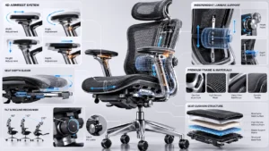 Technical Engineering Diagram Displaying Adjustable Mechanical Components of a Premium Ergonomic Task Chair
