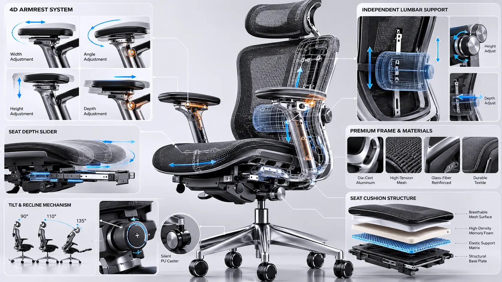 Technical Engineering Diagram Displaying Adjustable Mechanical Components of a Premium Ergonomic Task Chair