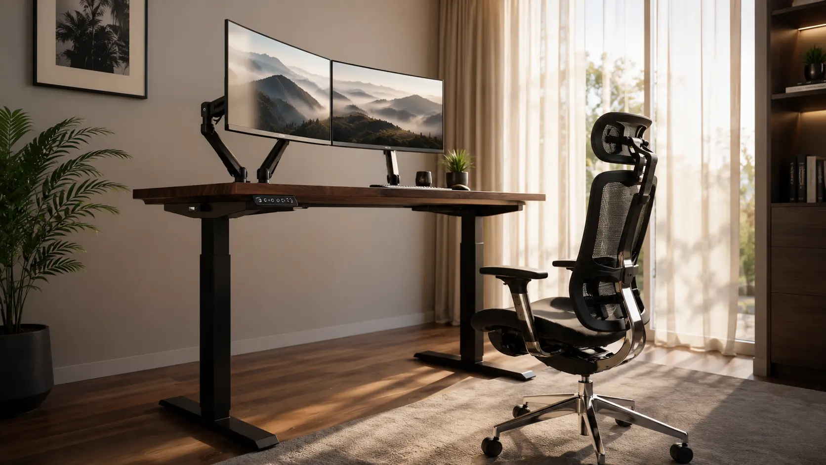 Luxury Modern Remote Workspace Featuring Ergonomic Task Chair with Advanced Headrest and Dual-Motor Walnut Standing Desk