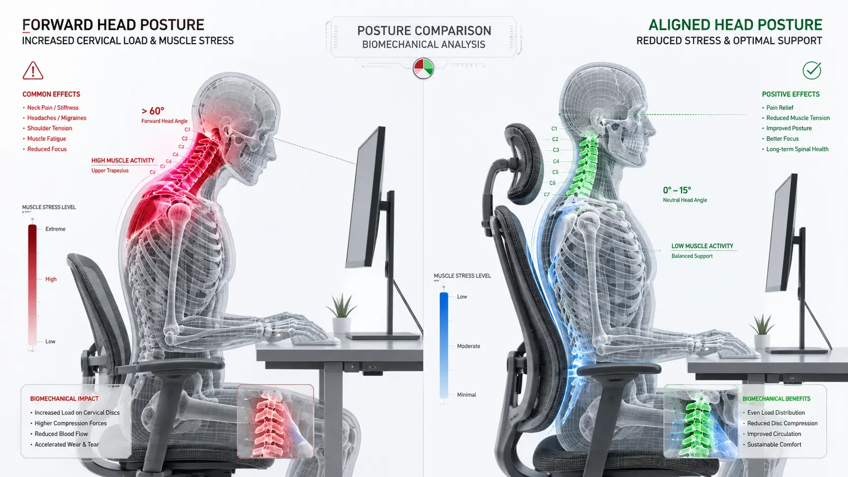Biomechanical Diagram Illustrating Cervical Spine Disc Load and Muscle Tension at Variable Neck Angles vs Supported Headrest Alignment