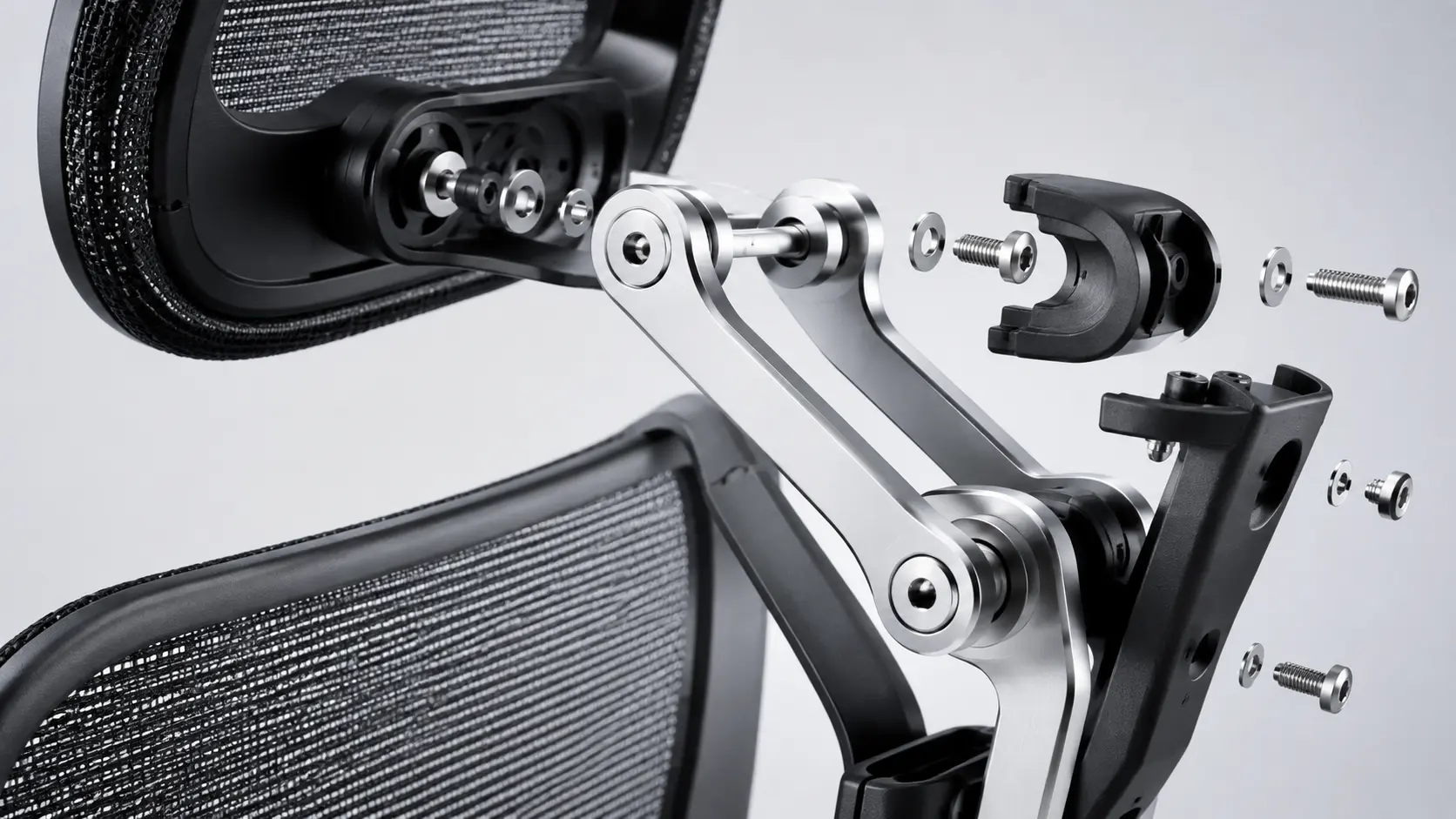 Macro Industrial Product Shot of a Precision 3-Axis Cast Aluminum Headrest Hinge Mechanism with Locking Collars