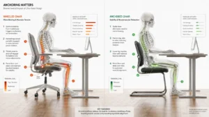 Biomechanical Diagram Comparing Kinetic Core Muscle Activation on Rolling Casters vs Stationary Sled Base Office Seating